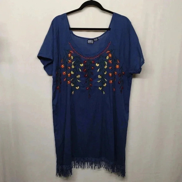 Anandas Boho Embroidered Tunic Top Navy Blue Fringe Hem Festival Style - Picture 1 of 7